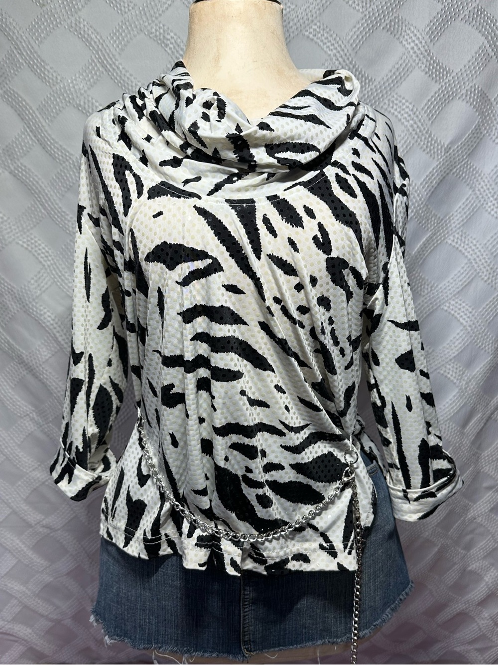 Black & White Zebra-Print Cowl Neck Top